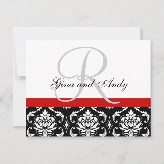 RSVP-kaart Rood Damask Monogram & Names RSVP Kaartje (Voorkant)