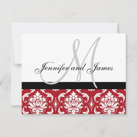 RSVP-kaart Rood Damask Monogram & Names RSVP Kaartje (Voorkant)