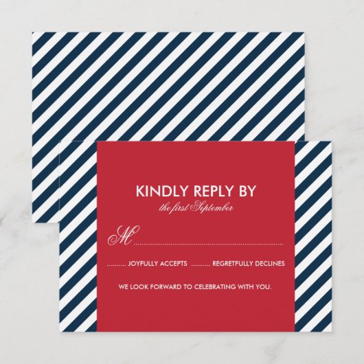 RSVP-Kaart Rood en blauw Nautical Stripes RSVP Kaartje (Voorkant / Achterkant)