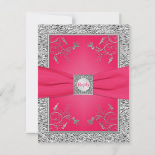 RSVP-kaart   Roze, FAUX Silver Foil, Floral Kaart