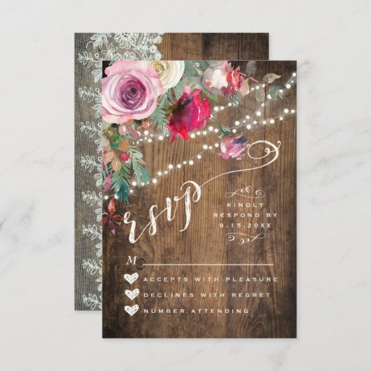 RSVP-KAART | Rustieke Bloemen String Lights Weddin RSVP Kaartje (Voorkant / Achterkant)