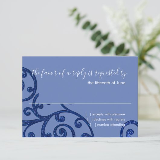 RSVP-kaart Scroll Pattern Blue RSVP Kaartje (Staand voorkant)