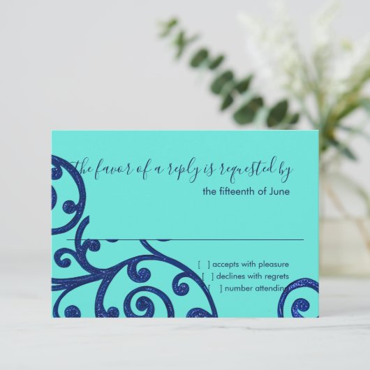 RSVP-kaart Scroll Pattern Blue RSVP Kaartje (Staand voorkant)