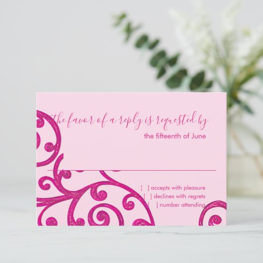 RSVP-kaart Scroll Pattern Roze RSVP Kaartje (Staand voorkant)