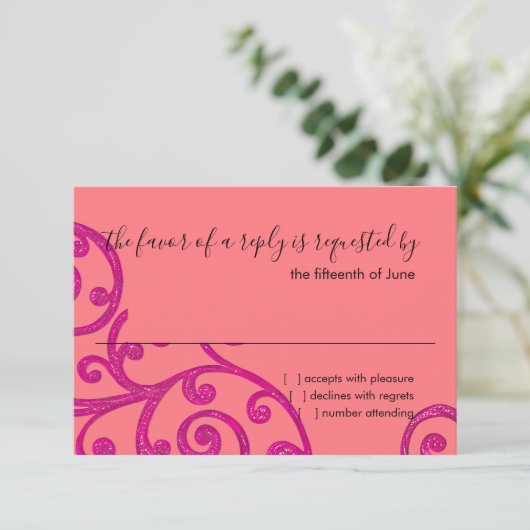 RSVP-kaart Scroll Pattern Roze RSVP Kaartje (Staand voorkant)