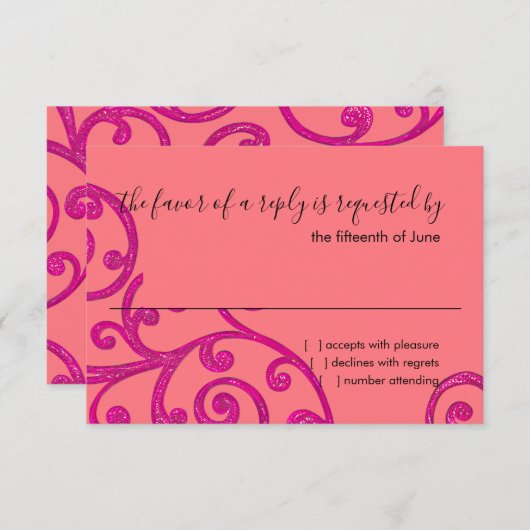 RSVP-kaart Scroll Pattern Roze RSVP Kaartje (Voorkant / Achterkant)