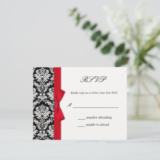 RSVP - Kaart van de RSVP - Damask Red Bow Wedding  (Staand voorkant)