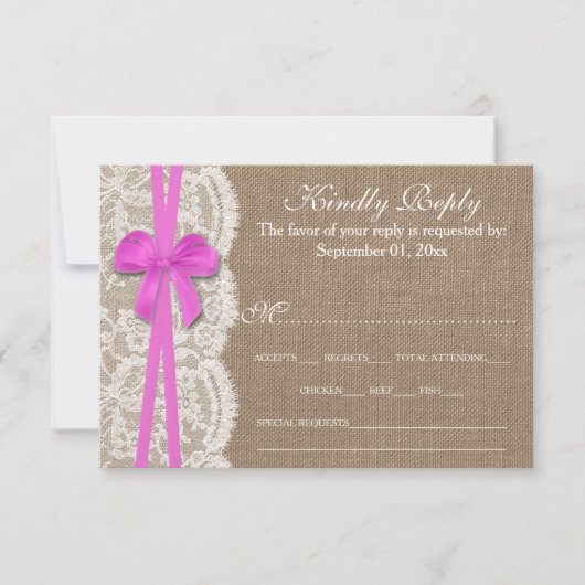 RSVP-kaart van het Rustic Pink Bow Wedding Collect RSVP Kaartje (Voorkant)