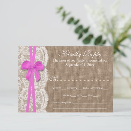RSVP-kaart van het Rustic Pink Bow Wedding Collect RSVP Kaartje (Staand voorkant)