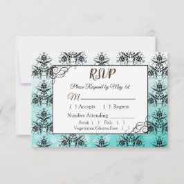 RSVP-kaart voor Black and Blauwgroen Damask Weddin RSVP Kaartje