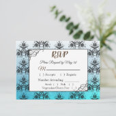 RSVP-kaart voor Black and Blue Damask Wedding RSVP (Staand voorkant)