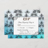 RSVP-kaart voor Black and Blue Damask Wedding RSVP (Voorkant / Achterkant)
