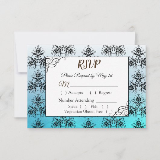 RSVP-kaart voor Black and Blue Damask Wedding RSVP Kaartje (Voorkant)