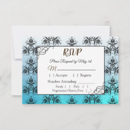 RSVP-kaart voor Black and Blue Damask Wedding RSVP Kaartje