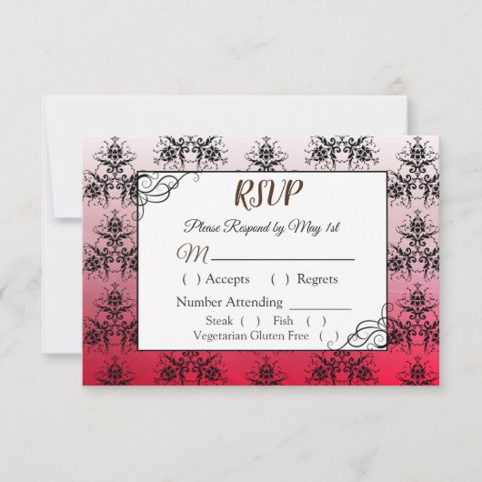 RSVP-kaart voor Black and Red Damask Wedding RSVP Kaartje (Voorkant)