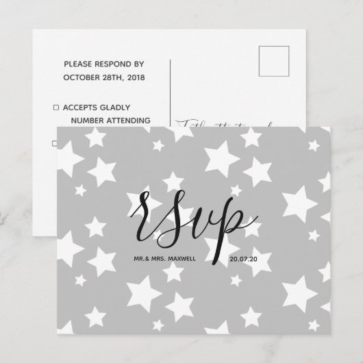 Rsvp-kaart voor bruiloft | Grijze sterren Manuscri Uitnodiging Briefkaart (Voorkant / Achterkant)