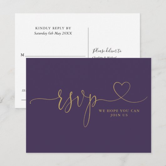 RSVP-kaart voor Paars Gold Heart Script Song Reque Uitnodiging Briefkaart (Voorkant / Achterkant)