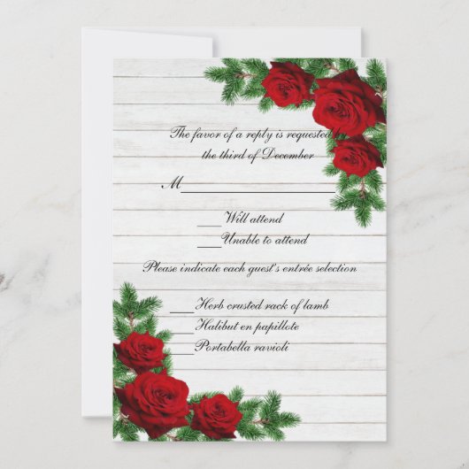 RSVP-kaart voor rode roses Pine Branch-kerstbruilo Kaart (Voorkant)