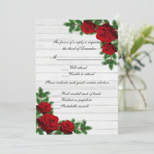 RSVP-kaart voor rode roses Pine Branch-kerstbruilo Kaart (Staand voorkant)