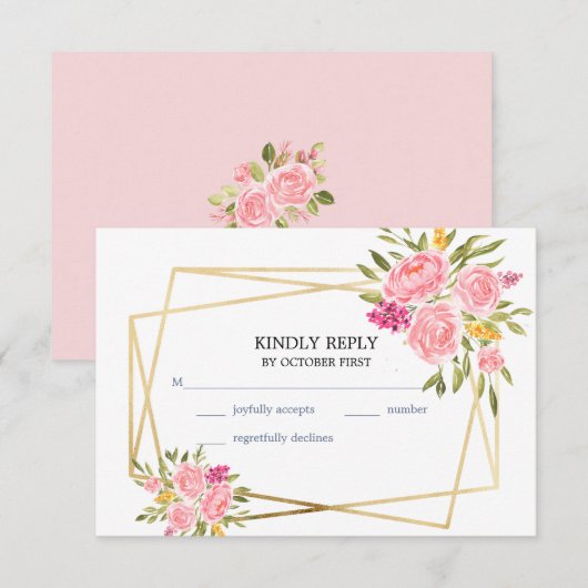 RSVP-kaart voor roze koraal en gouden Lijst RSVP Kaartje (Voorkant / Achterkant)