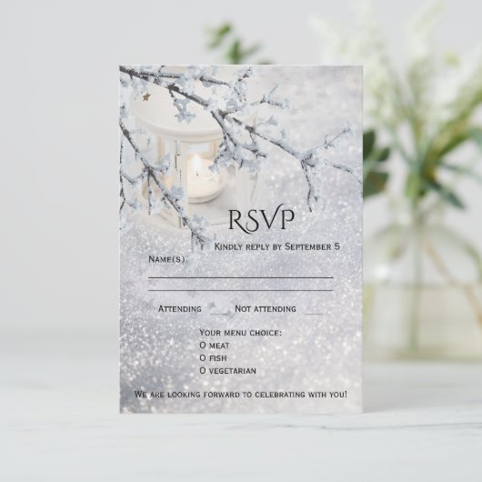 RSVP-kaart voor sneeuwwinterbruiloft Kaart (Staand voorkant)