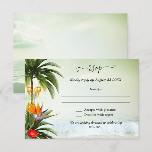 RSVP-kaart voor Tropical Beach Destination Wedding Kaart (Voorkant / Achterkant)