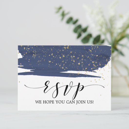 RSVP-kaart voor waterverf Navy and Gold Wedding We RSVP Kaartje (Staand voorkant)