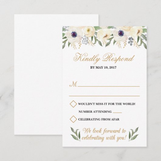 RSVP-Kaart (White and Gold Floral Wedding) Kaart (Voorkant / Achterkant)