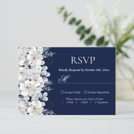 RSVP kaart wit bloem sakura marine blauw (Staand voorkant)