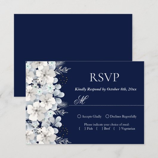 RSVP kaart wit bloem sakura marine blauw (Voorkant / Achterkant)