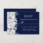 RSVP kaart witte bloem sakura marineblauw (Voorkant / Achterkant)