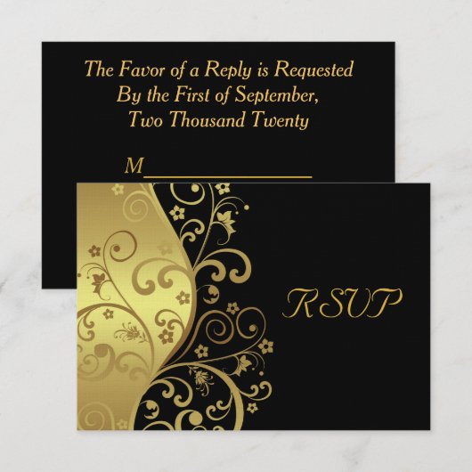 RSVP-kaart — zwarte en goudziren RSVP Kaartje (Voorkant / Achterkant)