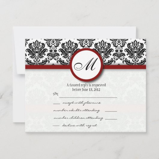 RSVP-kaarten Black en Burgundy Damask Monogram RSVP Kaartje (Voorkant)