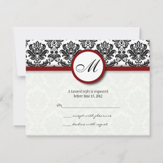 RSVP-kaarten Black en Burgundy Damask Monogram RSVP Kaartje (Voorkant)