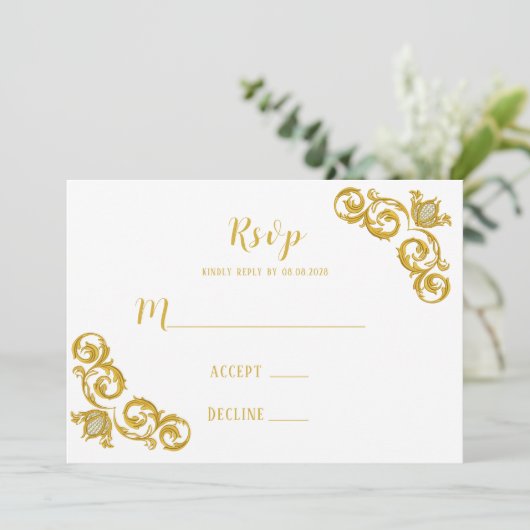 RSVP-Kaarten met groene en gouden koninklijke brui Kaart (Staand voorkant)