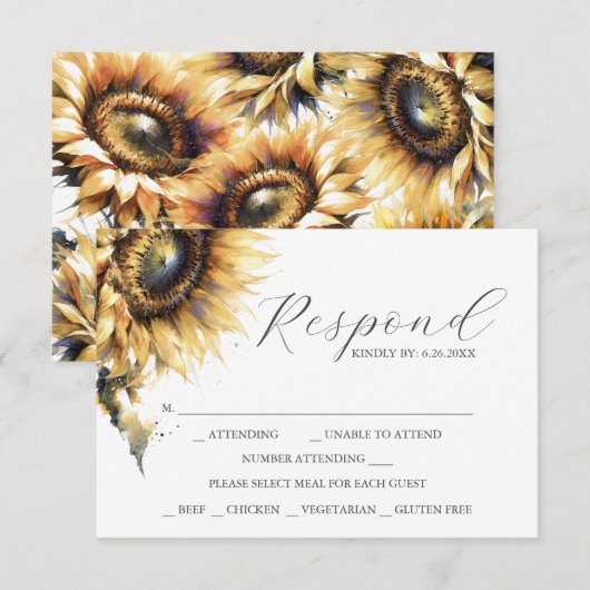 RSVP Kaarten met Maaltijd Keuze Geel Zonnebloemen (Voorkant / Achterkant)