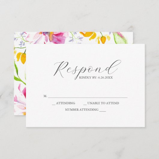 RSVP kaarten roze bloemmotief (Voorkant / Achterkant)