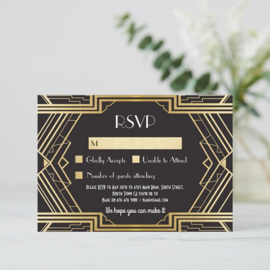 RSVP-kaarten van 1920's Gatsby Wedding Invites RSVP Kaartje (Staand voorkant)