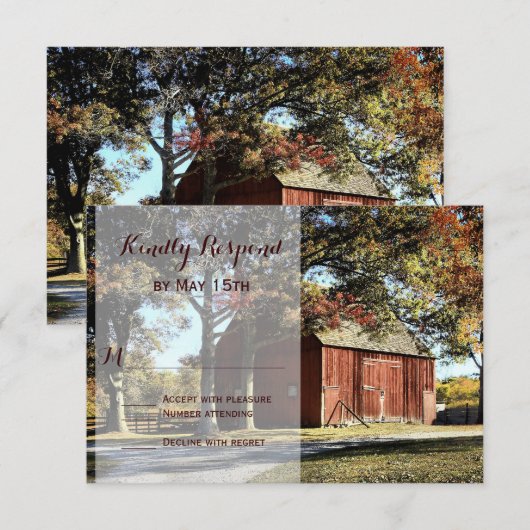 RSVP-kaarten van het Rustic Barn en Trees RSVP Kaartje (Voorkant / Achterkant)