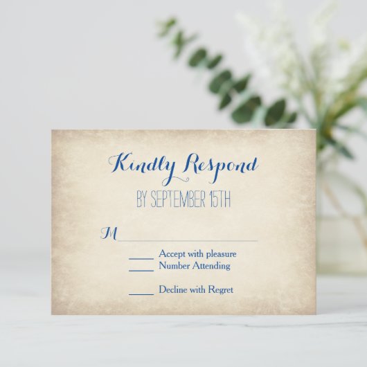 RSVP-kaarten voor crème en Blue Rustic Wedding RSVP Kaartje (Staand voorkant)
