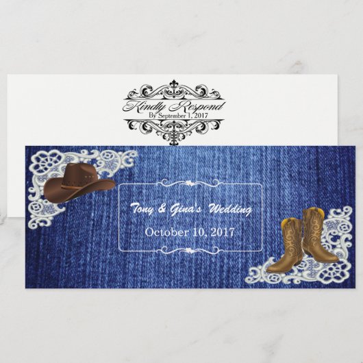 RSVP Kaarten voor Trouwen met Denim Laarzen & Kant (Voorkant / Achterkant)