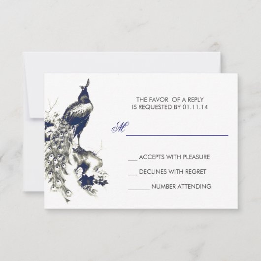 RSVP-kaarten voor zwarte en blauwe pauw RSVP Kaartje (Voorkant)