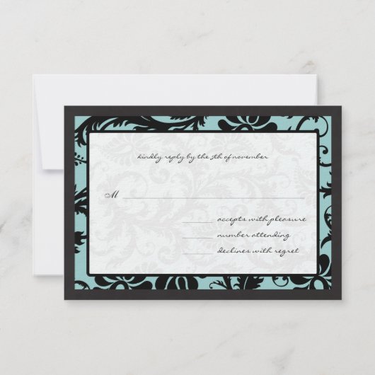 RSVP-kaarten - zwart en Aqua Blue Damask RSVP Kaartje (Achterkant)