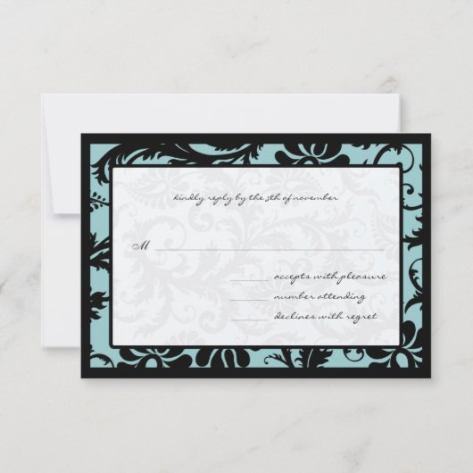RSVP-kaarten - zwart en Aqua Blue Damask RSVP Kaartje (Achterkant)