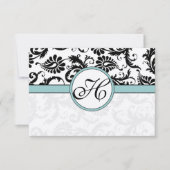 RSVP-kaarten - Zwart en wit Damask Aqua Blue RSVP Kaartje (Voorkant)