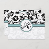 RSVP-kaarten - Zwart en wit Damask Aqua Blue RSVP Kaartje (Voorkant / Achterkant)