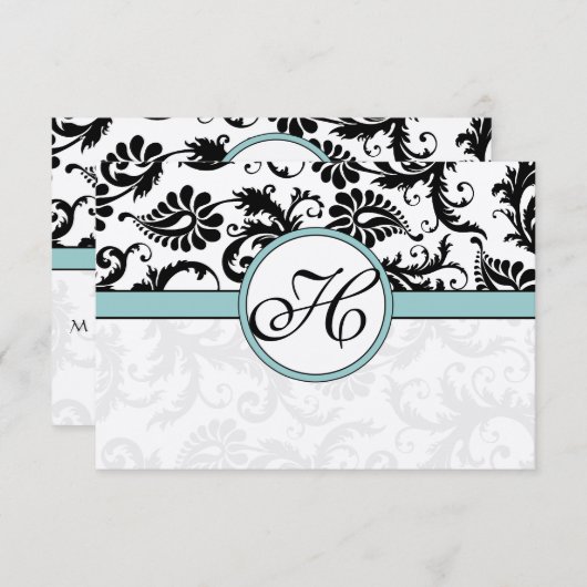 RSVP-kaarten - Zwart en wit Damask Aqua Blue RSVP Kaartje (Voorkant / Achterkant)