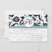 RSVP-kaarten - Zwart en wit Damask Aqua Blue RSVP Kaartje (Achterkant)