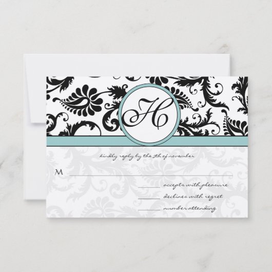 RSVP-kaarten - Zwart en wit Damask Aqua Blue RSVP Kaartje (Achterkant)