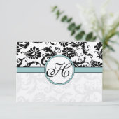 RSVP-kaarten - Zwart en wit Damask Aqua Blue RSVP Kaartje (Staand voorkant)